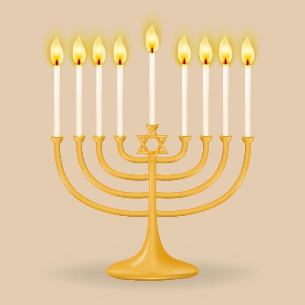 oro hanukkiah para nueve velas en un beige antecedentes. Janucá candelero en el formar de un Menorah con nueve sucursales. Perfecto para tu fiesta diseños vector ilustración.