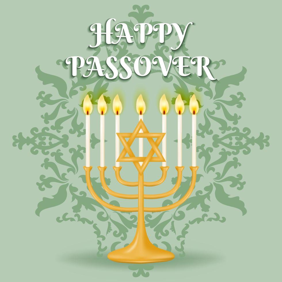 Passover holiday. Beautiful background features the iconic symbols of the Menorah and Star of David set against an intricate patterned design. Vector illustration.