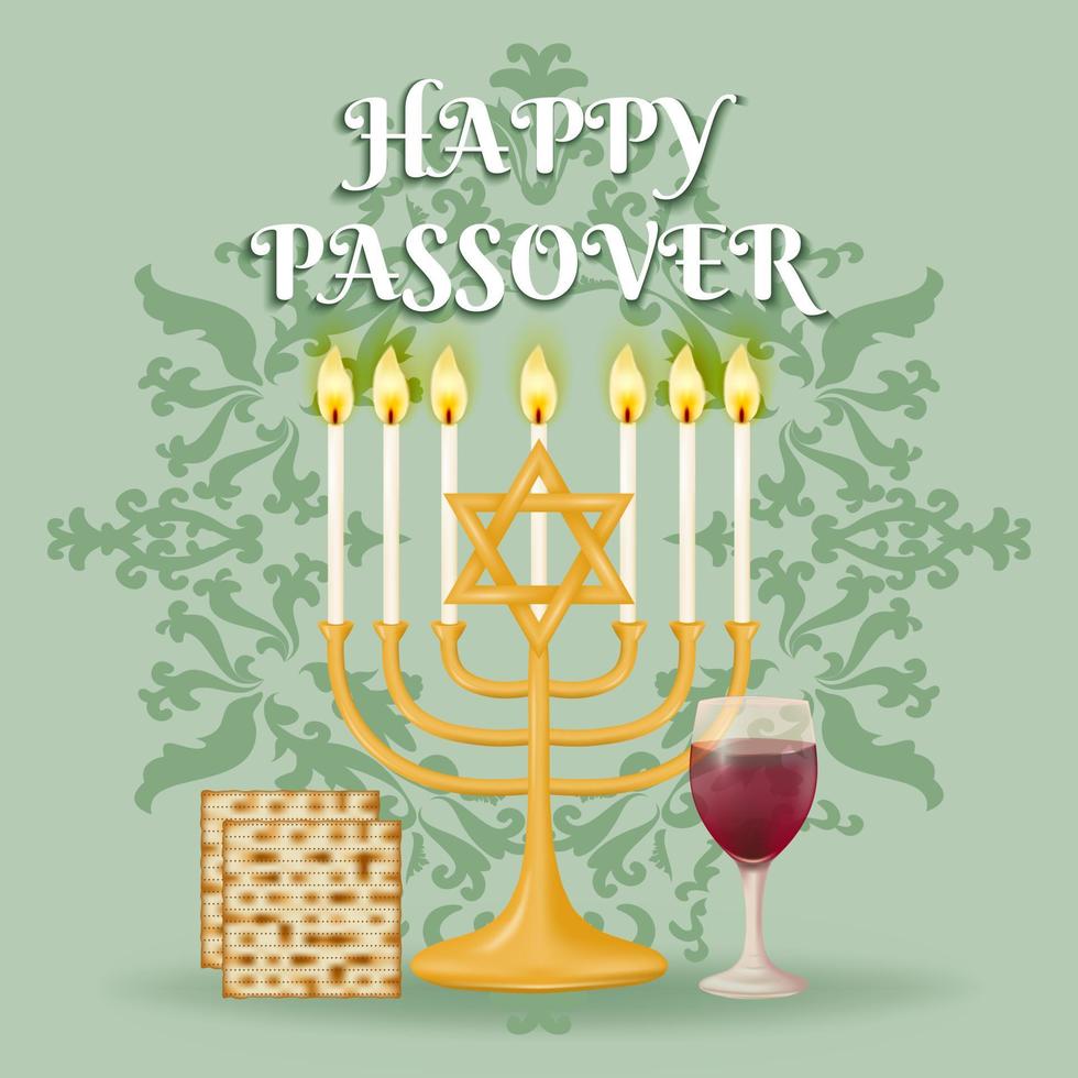 Mark the occasion of Passover with this elegant background featuring the Menorah, Matzah, matzo, and a wineglass of red wine set against a intricate patterned design. Vector illustration.