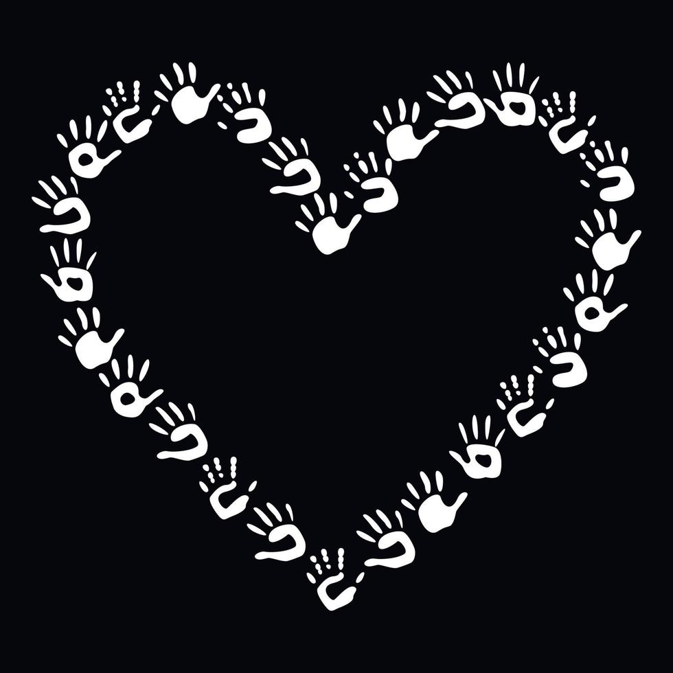 Flat vector painting tools in childish style. Hand drawn heart shaped frame of palm prints