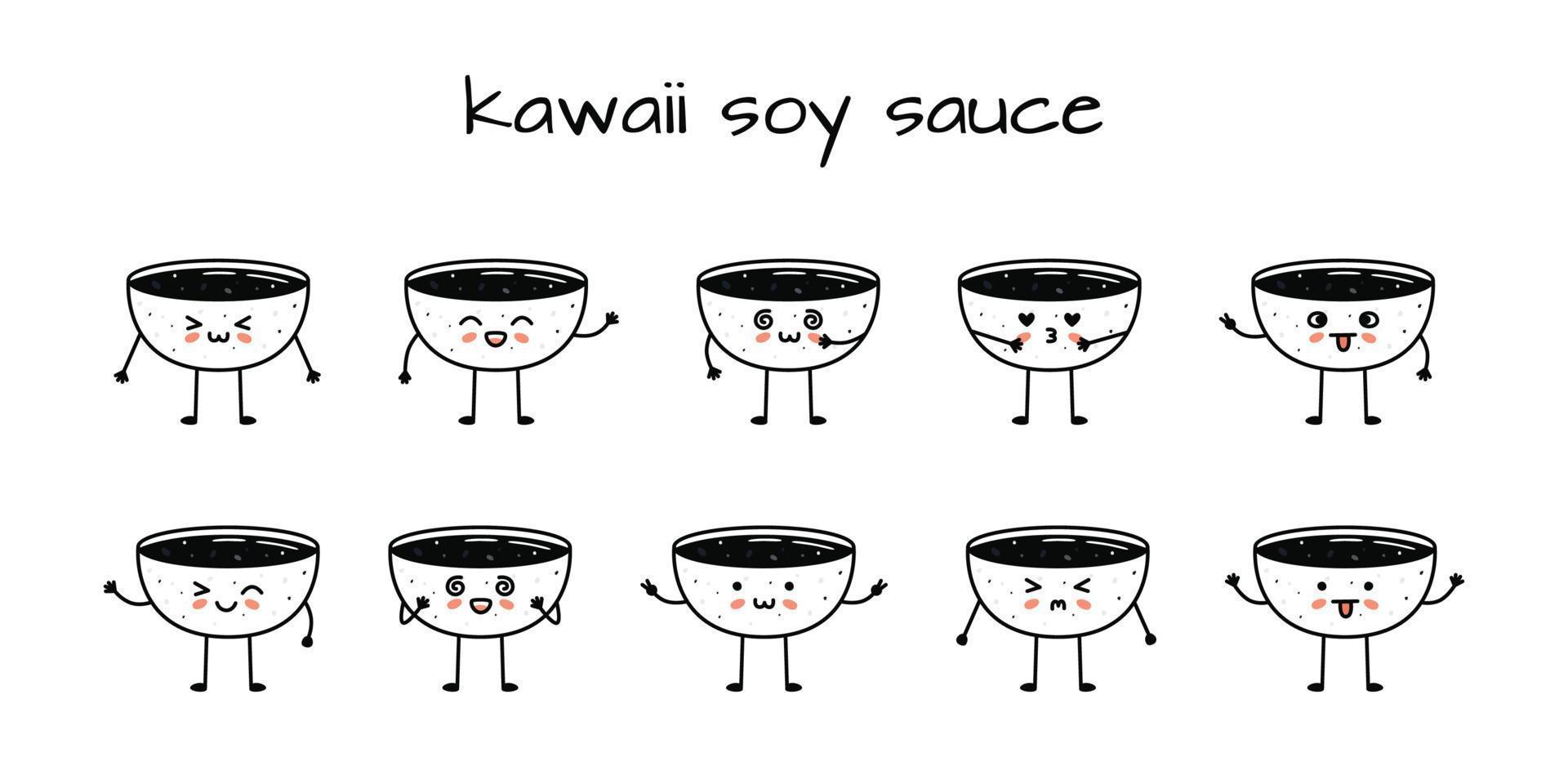 Set of kawaii soy sauce bowl sushi mascots in cartoon style. vector