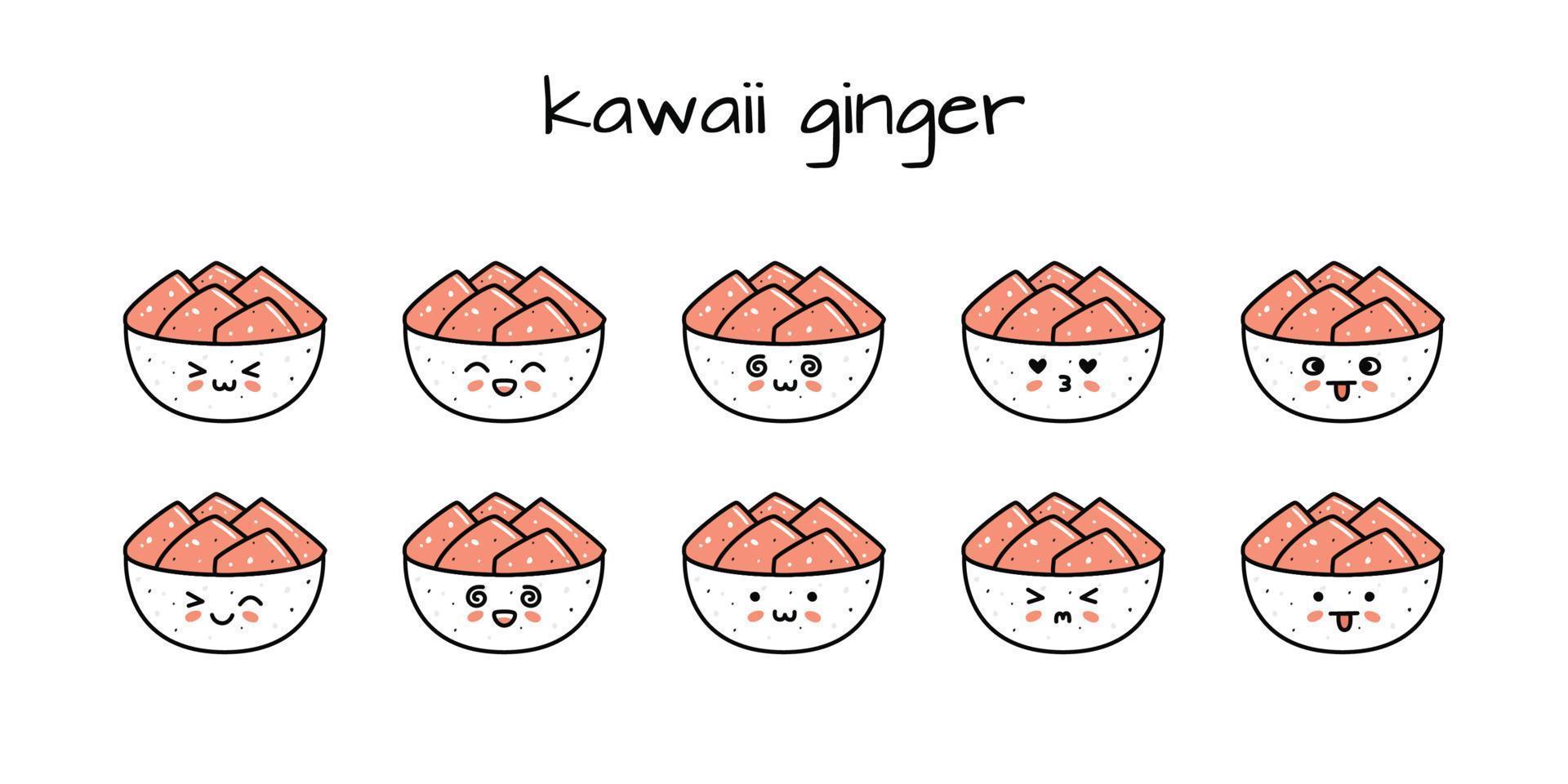 conjunto de kawaii jengibre cuenco Sushi mascotas en dibujos animados estilo vector