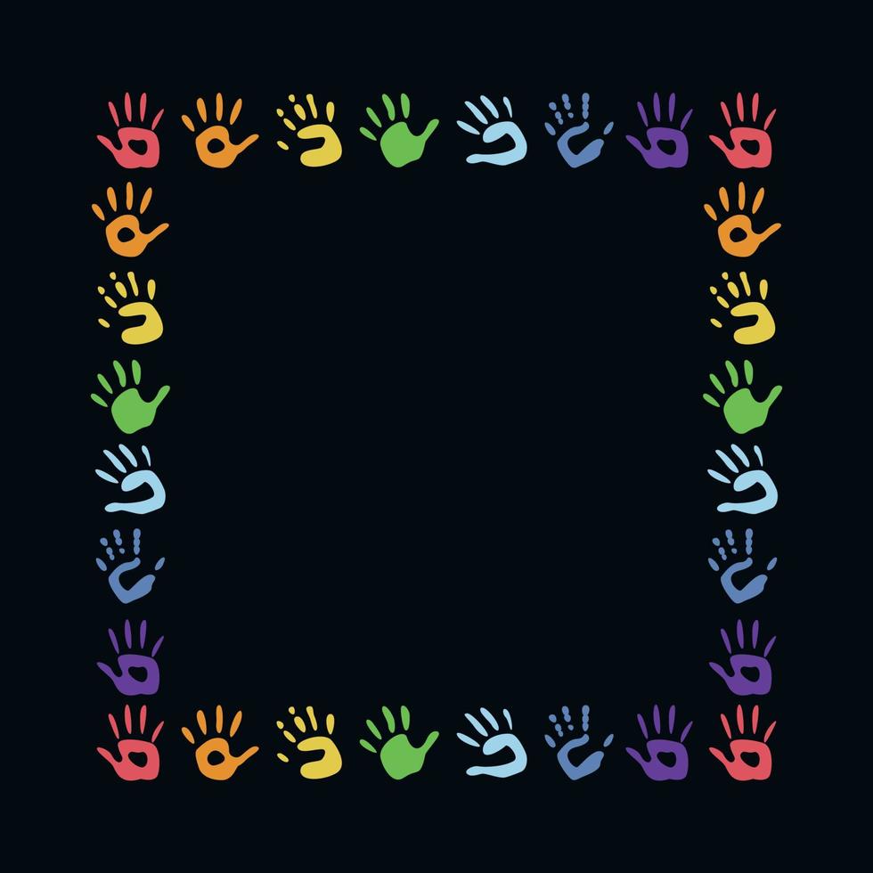 Flat vector painting tools in childish style. Hand drawn square frame of palm prints