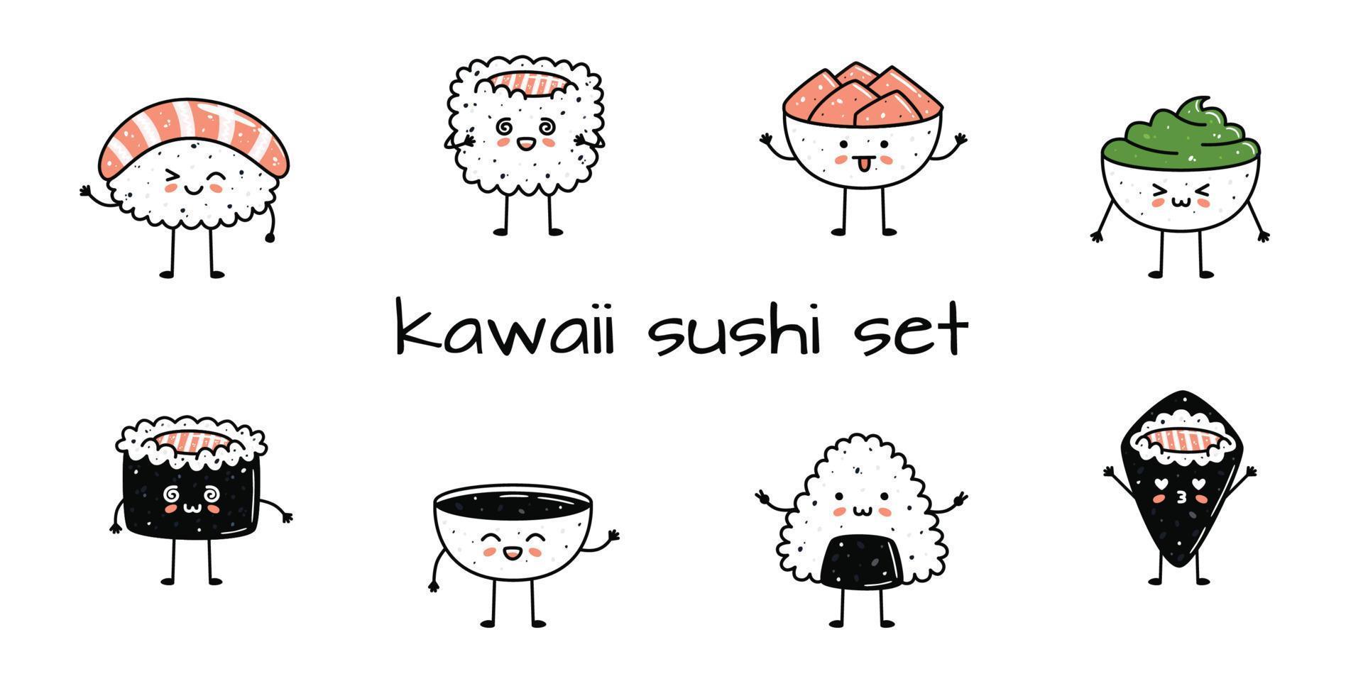 conjunto de kawaii Sushi mascotas en dibujos animados estilo. diferente tipos de Sushi vector