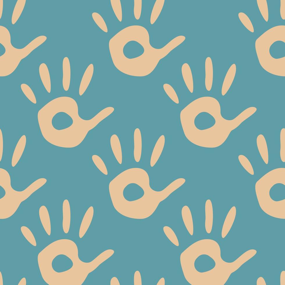 Vector flat hand drawn seamless pattern with hand print, palm stamp, fingers silhouette