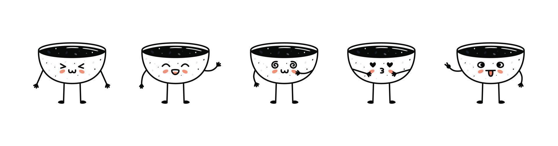 Set of kawaii soy sauce bowl sushi mascots in cartoon style vector