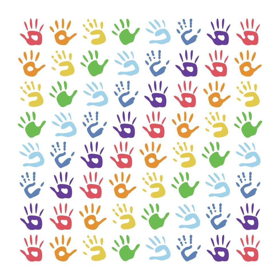 Flat vector painting tools in childish style. Hand drawn square frame of palm prints