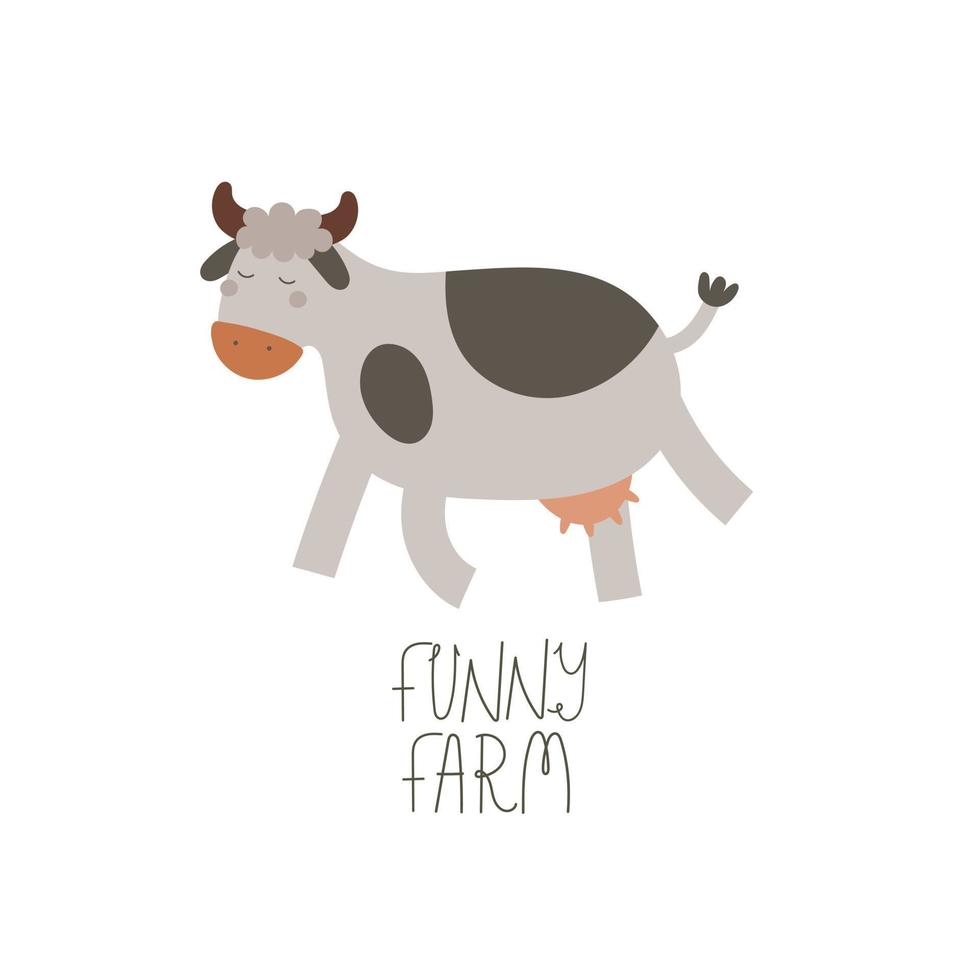 funny farm. Cartoon cow, hand drawing lettering. Farm. colorful vector illustration, flat style. design for print, greeting card, poster decoration, cover