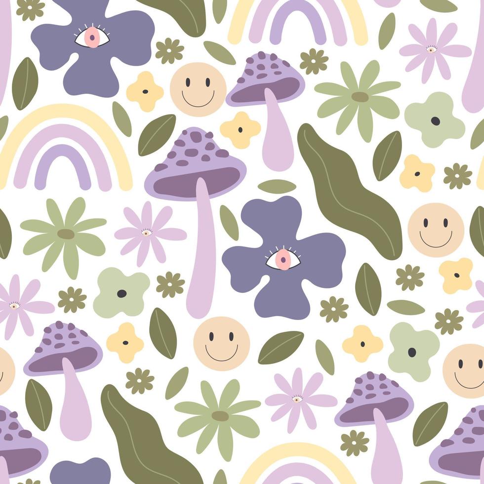 groovy springseamless pattern with cartoon flowers, mushrooms, peace sign. retro style, vector illustration. hand drawing. design for fabric, print, wrapper, textile