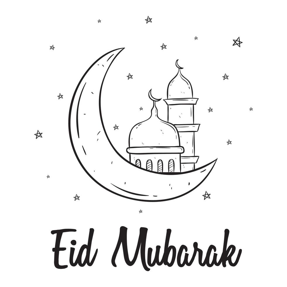 hand drawing eid mubarak with mosque and star vector