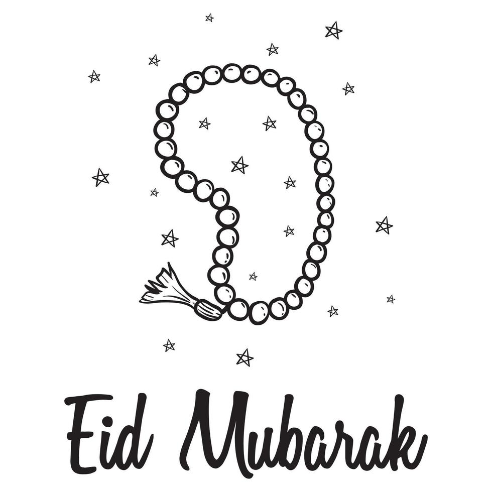 eid mubarak with muslim prayer beads and star with doodle style vector