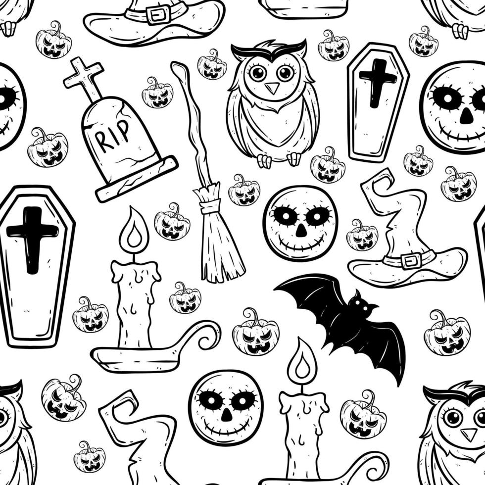 seamless pattern halloween elements with hand drawing style vector