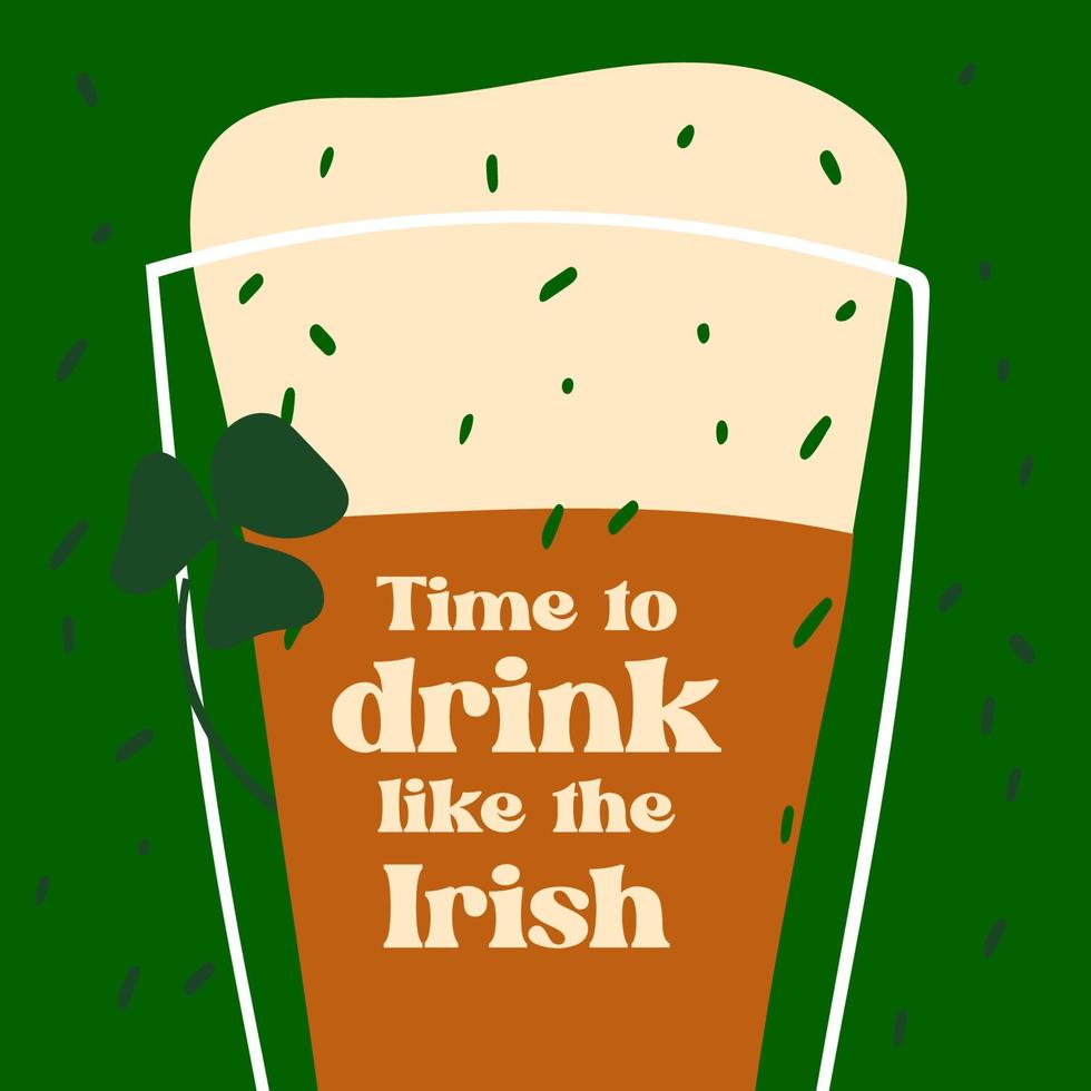 St. Patrick s Day greeting card with stylized beer mug on green background vector