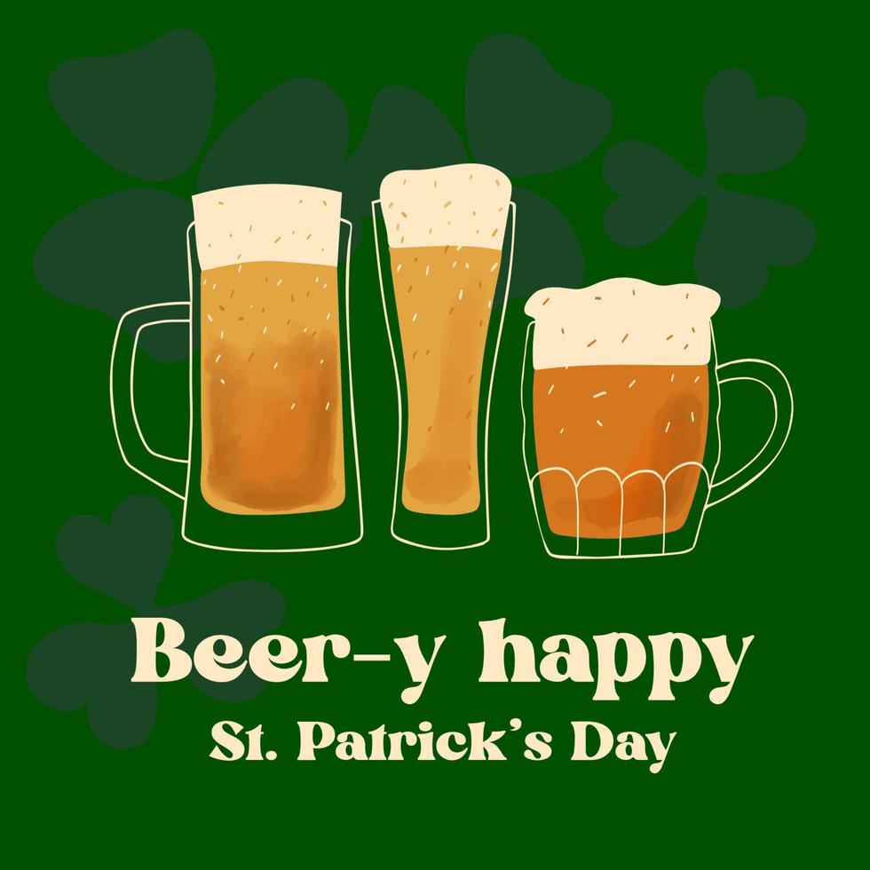 Happy St. Patrick s Day greeting card with stylized beer mugs on green background vector