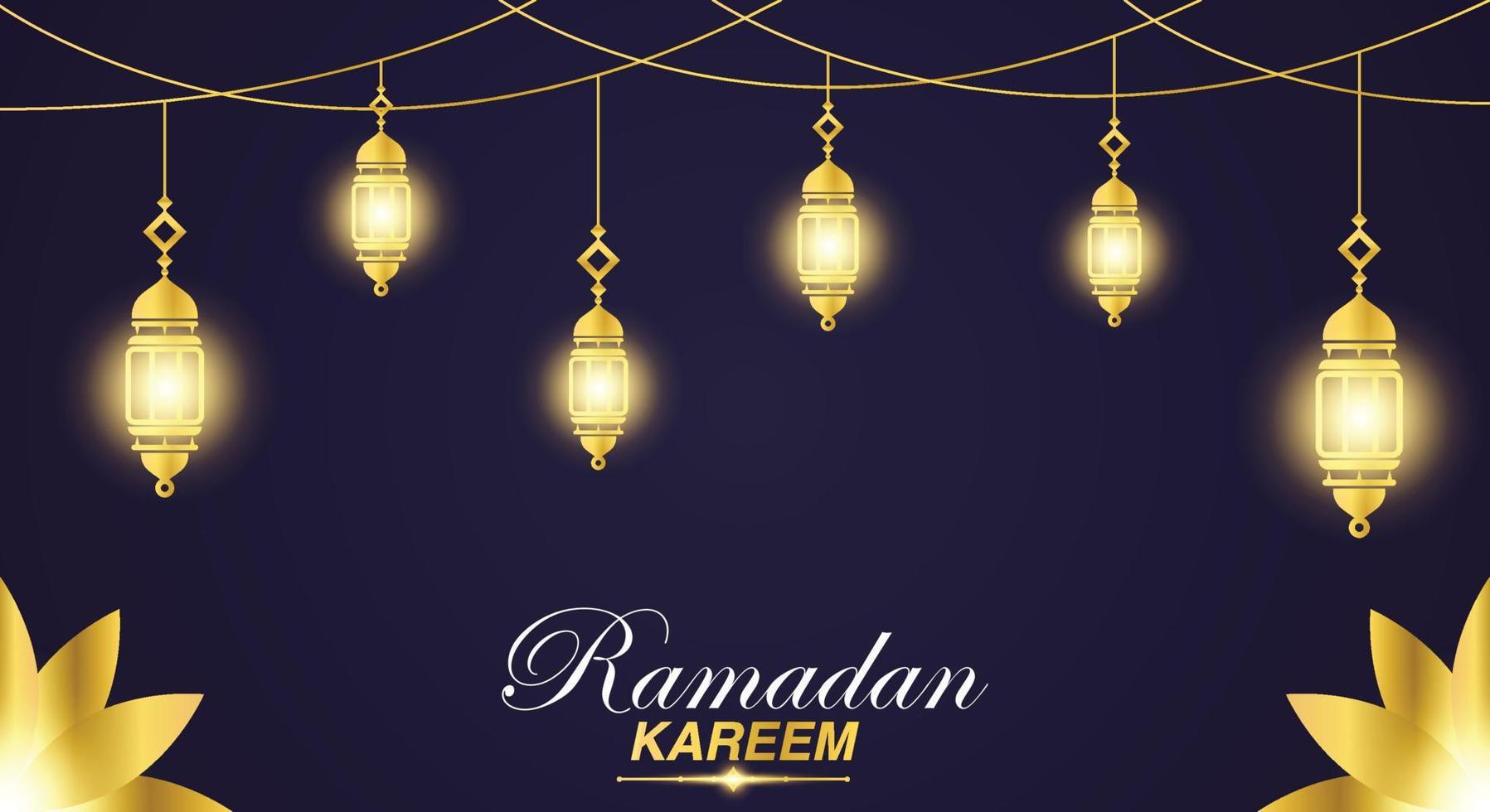 Ramadan Kareem Banner. Ramadan Islamic Holiday Graphic Template with Gold Lantern Ornament and Light vector