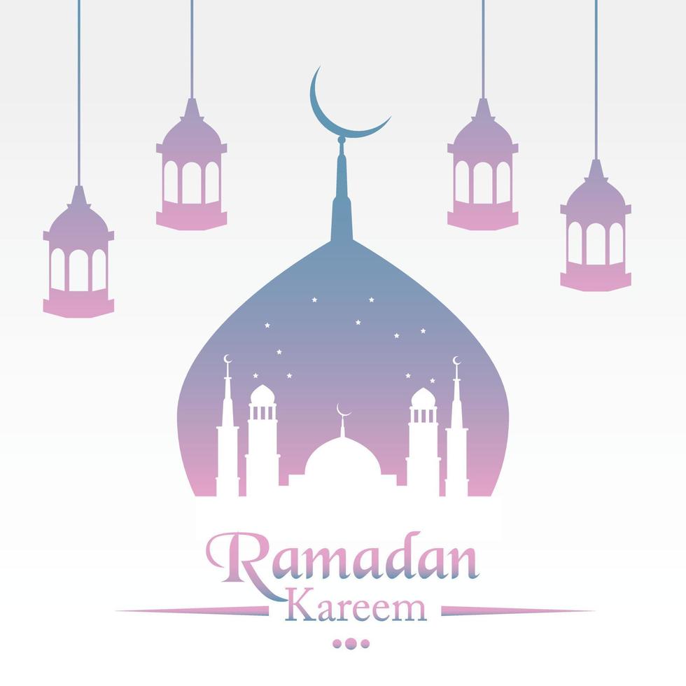 Ramadan Kareen Vector poster flat art with mosque doom and hanging lantern in background Crescent moon and starry sky night Design isolated free editable for content material asset banner