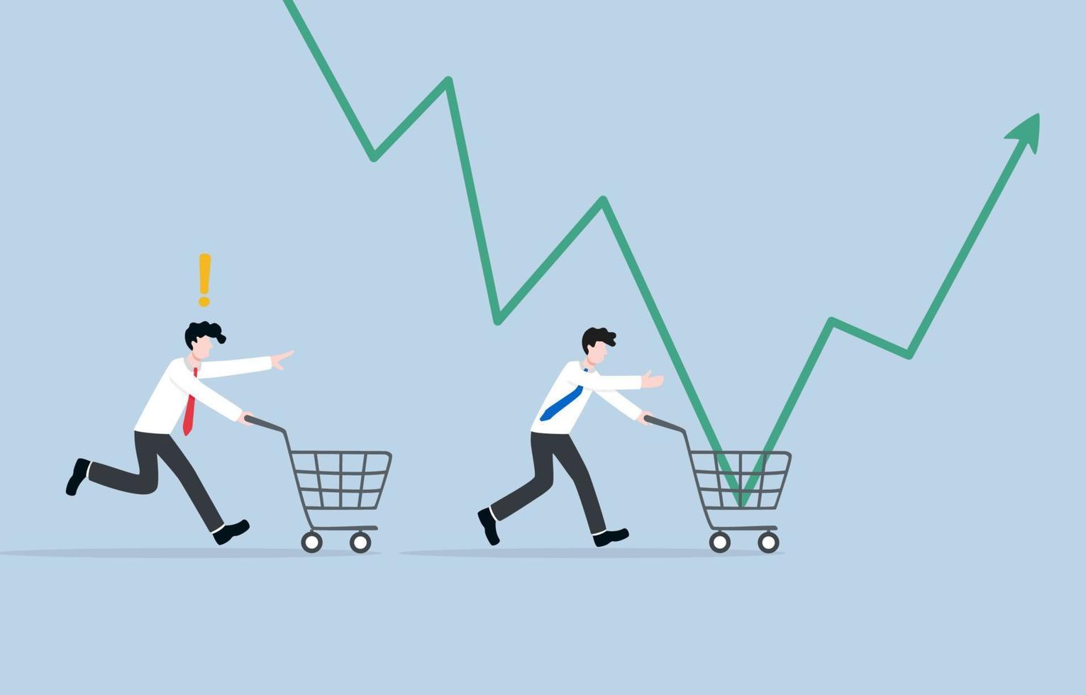 Missing opportunity to make profit in stock or crypto market, false speculation, wrong investment timing concept, Businessman failing to buy boucing up stock graph and losing to another man. vector