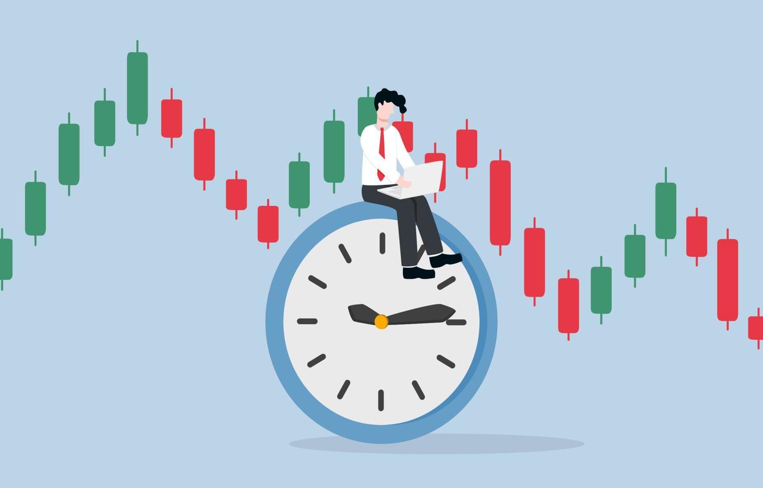 Full time trader, living by trading only financial instruments, managing risk and dealing with market fluctuation concept, Businessman trading on clock with candlestick graph background. vector