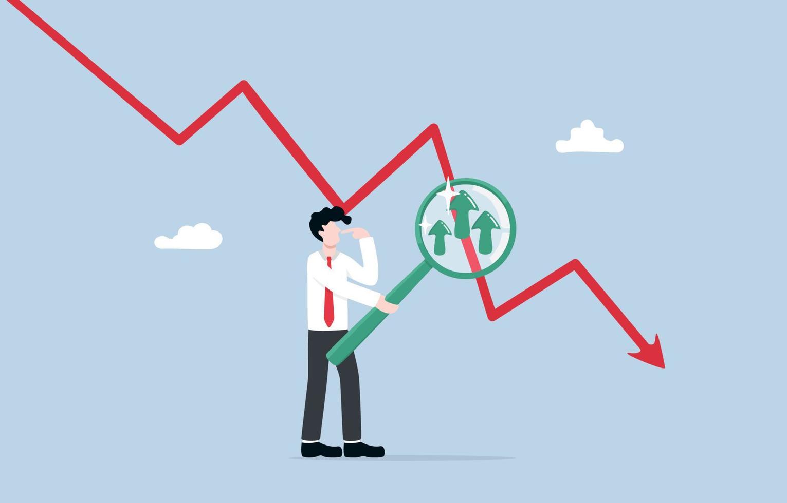 Seeking asset for growth potential once economy recover, market research for opportunity during recession concept, Businessman seeing positive opportunity through magnifier from falling down graph. vector