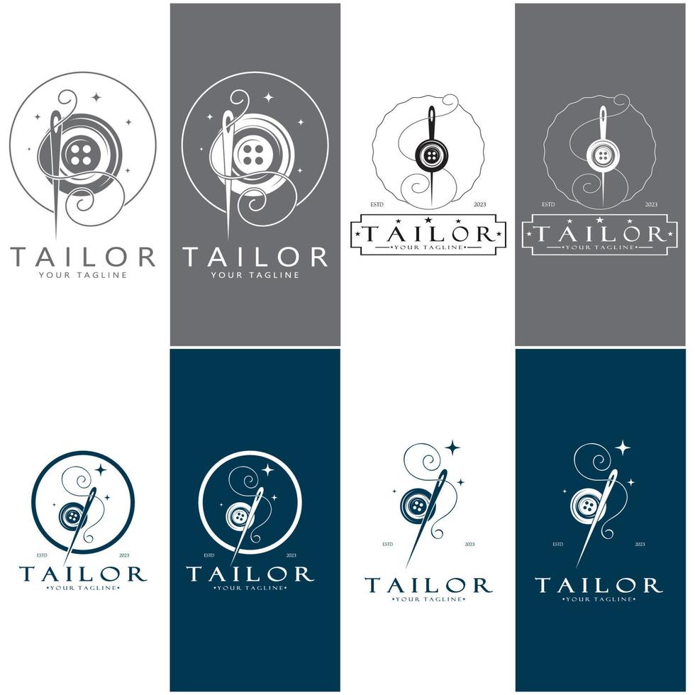 combinación de plantilla de ilustración de icono de logotipo a medida de botones para ropa, hilo y máquina de coser, para diseño de productos de ropa, empresas de convección, moda en forma vectorial vector