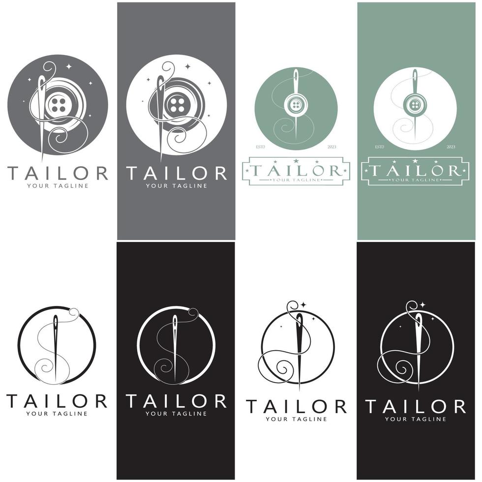 combinación de plantilla de ilustración de icono de logotipo a medida de botones para ropa, hilo y máquina de coser, para diseño de productos de ropa, empresas de convección, moda en forma vectorial vector