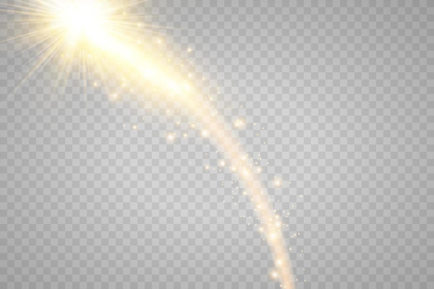 Light effect with white sparks and golden stars shine with special light.White glowing light. Star Light from the rays. The sun is backlit. Bright beautiful star. Sunlight. vector