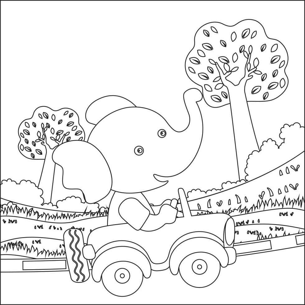 Vector cartoon of funny animal driving car in the junggle. Cartoon isolated vector illustration, Creative vector Childish design for kids activity colouring book or page.