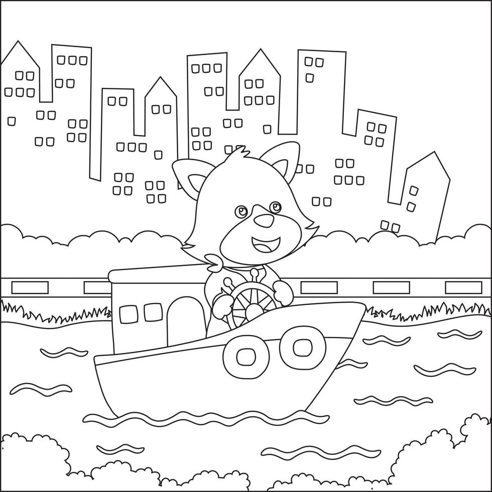 Funny animal  cartoon vector on little boat with cartoon style, Trendy children graphic with Line Art Design Hand Drawing Sketch For Adult And Kids Coloring book or page