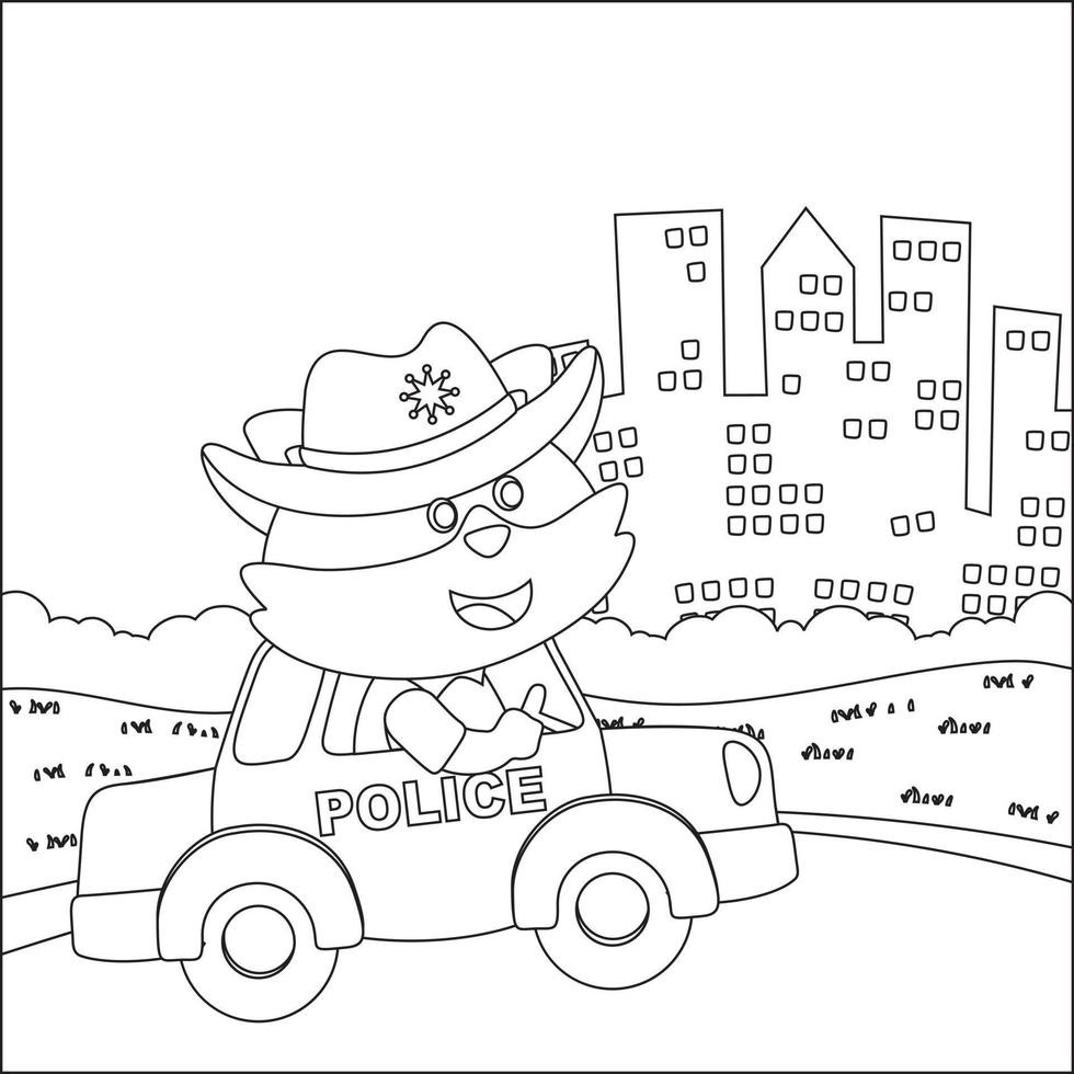linda pequeño policía zorro conducción un coche Vamos a céntrico gracioso animal dibujos animados, de moda niños gráfico con línea Arte diseño mano dibujo bosquejo vector ilustración para adulto y niños colorante libro.