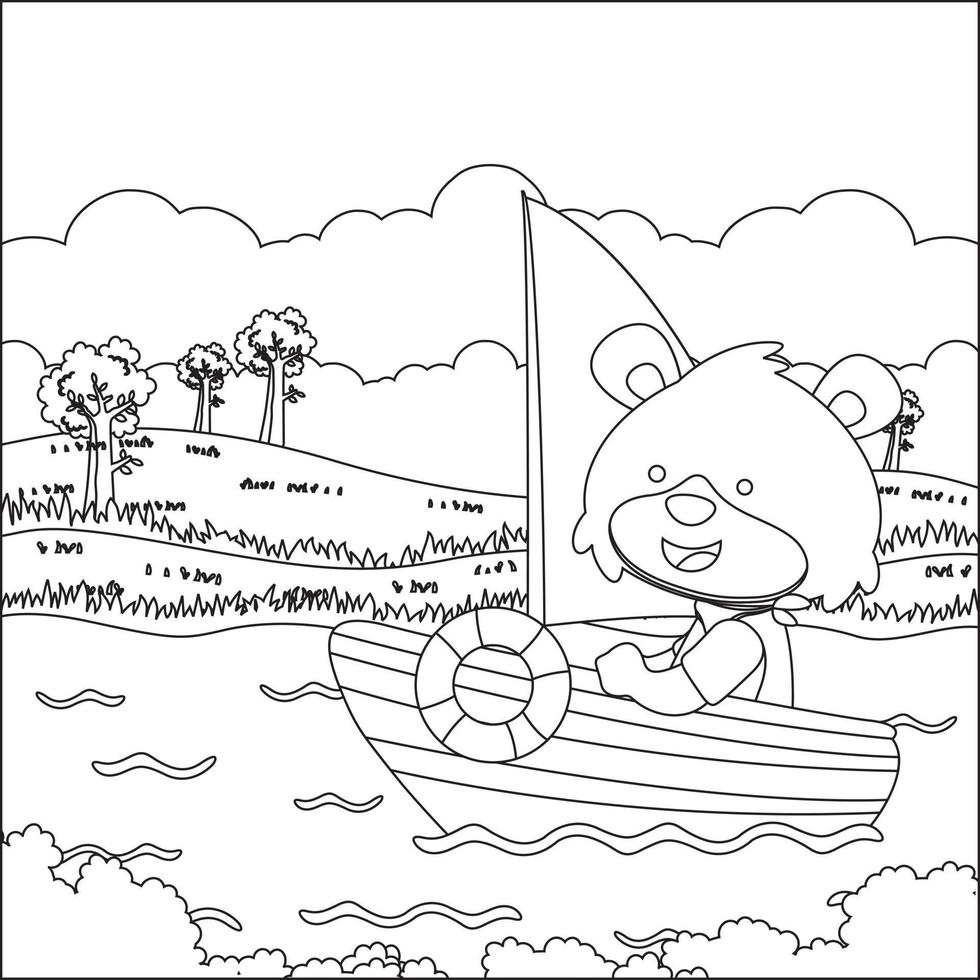 Funny animal  cartoon vector on little boat with cartoon style, Trendy children graphic with Line Art Design Hand Drawing Sketch For Adult And Kids Coloring book or page