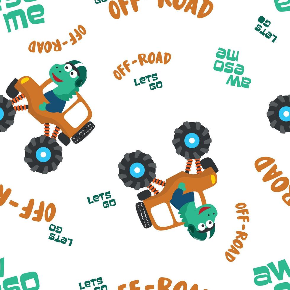 Seamless pattern of dinosaurs riding monster truck with cartoon style. Creative vector childish background for fabric textile, nursery background, baby clothes, wrapping paper and other decoration