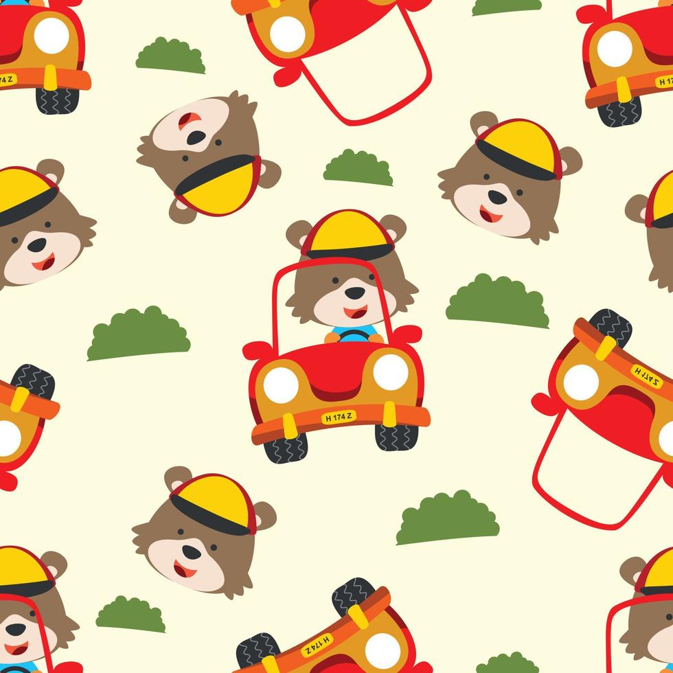 Seamless pattern of cute little animal driving a car go to forest funny animal cartoon,vector illustration. Vector illustration. T-Shirt Design for children. Design elements for kids.