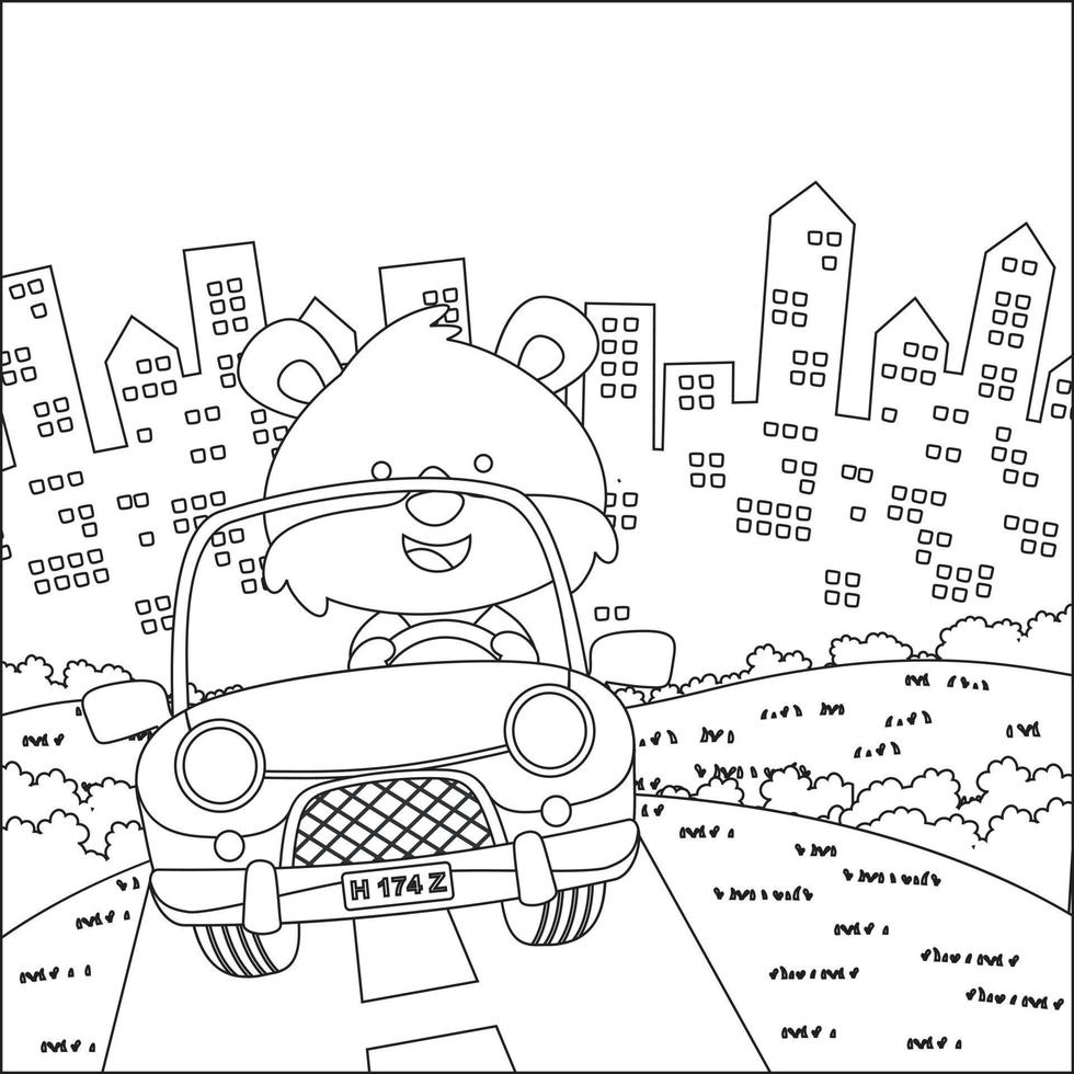 Cute little fox cartoon having fun driving off road car on sunny day. Cartoon isolated vector illustration, Creative vector Childish design for kids activity colouring book or page.