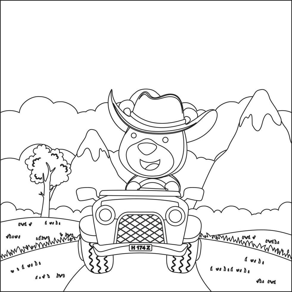 Cute little fox cartoon having fun driving off road car on sunny day. Cartoon isolated vector illustration, Creative vector Childish design for kids activity colouring book or page.