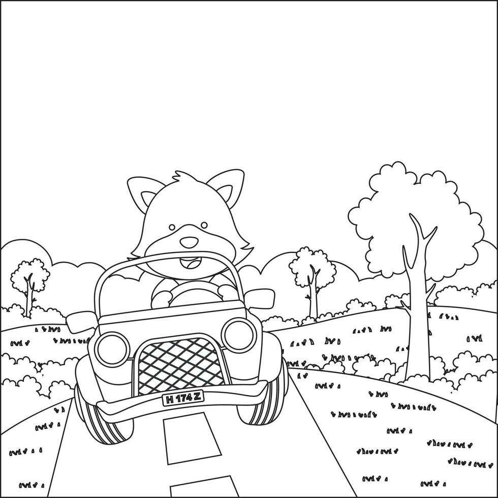 Cute little fox cartoon having fun driving off road car on sunny day. Cartoon isolated vector illustration, Creative vector Childish design for kids activity colouring book or page.