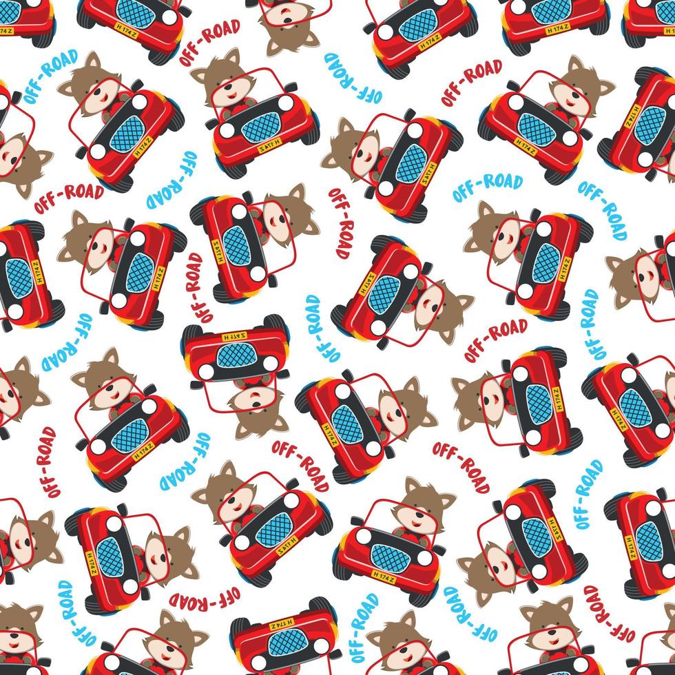 Seamless pattern of funny bear driving car in the road. Creative vector childish background for fabric, textile, nursery wallpaper, poster, card, brochure. and other decoration.