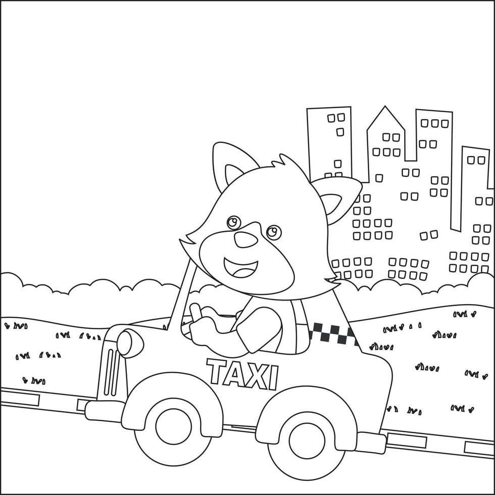 linda pequeño zorro conducción un taxista Vamos a centro, gracioso animal dibujos animados, de moda niños gráfico con línea Arte diseño mano dibujo bosquejo vector ilustración para adulto y niños colorante libro.