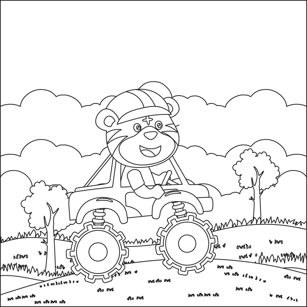 Vector illustration of monster truck with cute animal driver. Cartoon isolated vector illustration, Creative vector Childish design for kids activity colouring book or page.