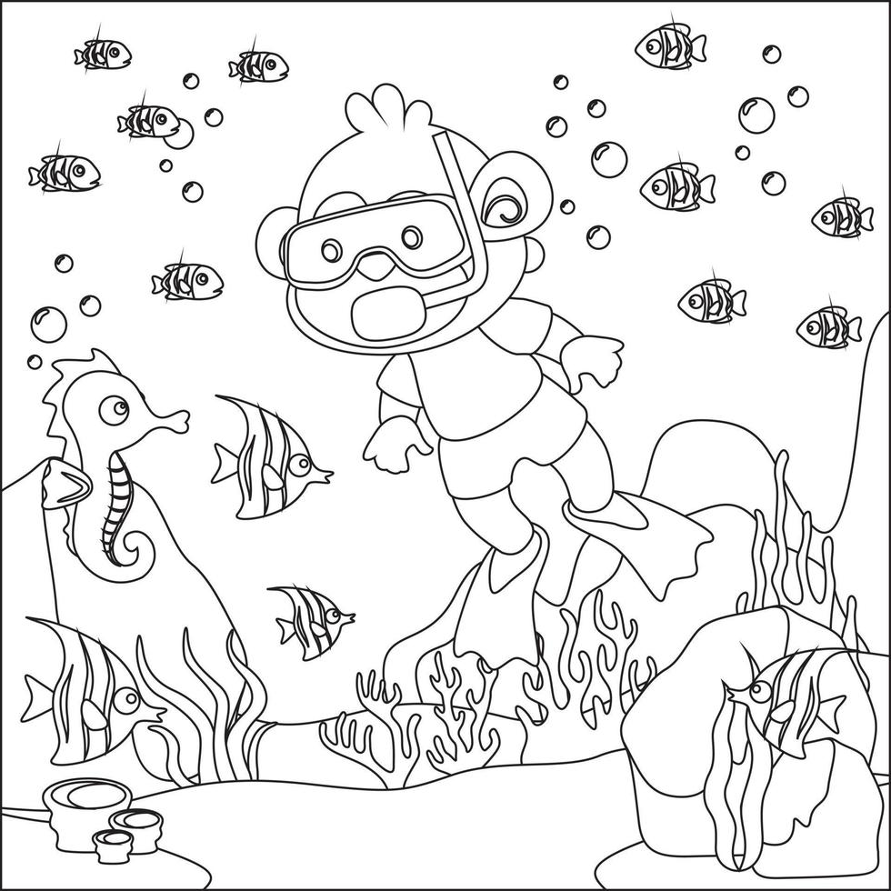 Vector cartoon illustration of little animal diving under sea with cartoon style Childish design for kids activity colouring book or page.