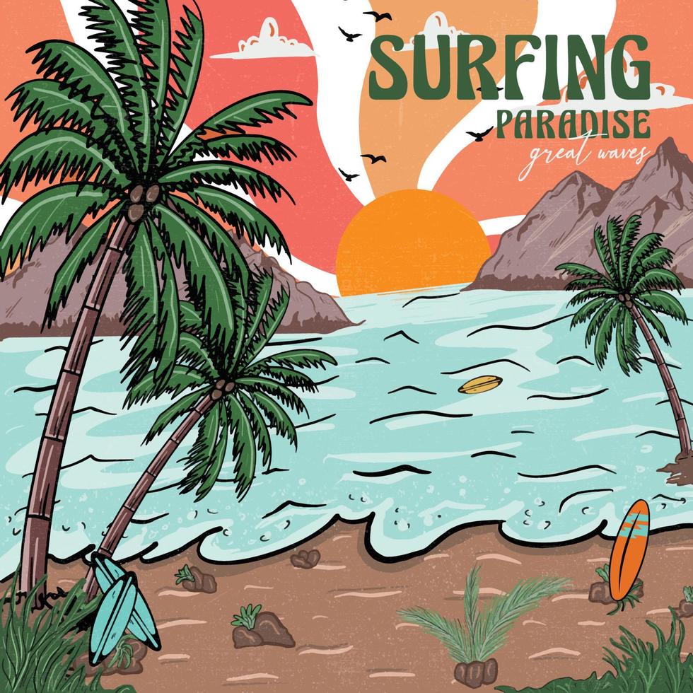 Vintage Retro Style Beach Wave Beach Summer Surfing Paradise. California summer holiday style with waves surfing palms. For t-shirt prints, posters, and other uses. vector