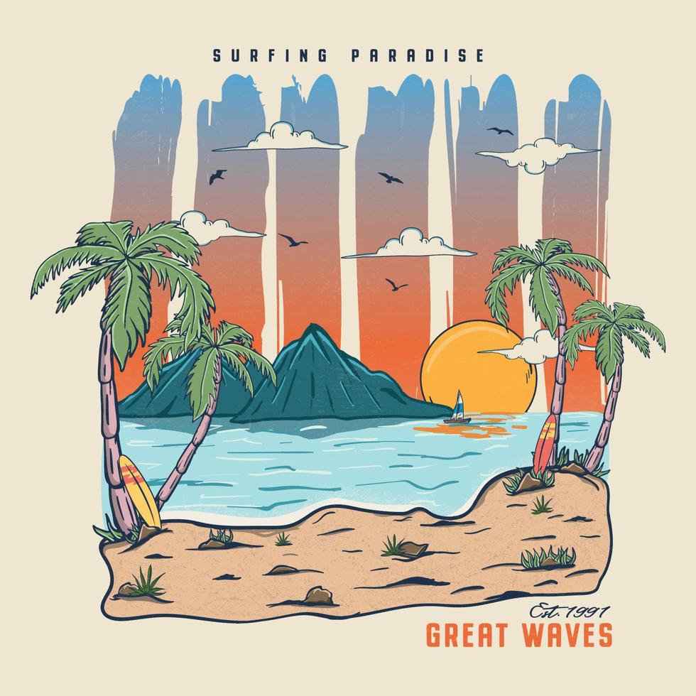 Summer Surfing Paradise Summer Great waves vector Palm tree, sunset, sunrise, surfboard, vector graphic print design. Summer paradise Vibes Great Waves. Summer vibes tropical graphic print design.