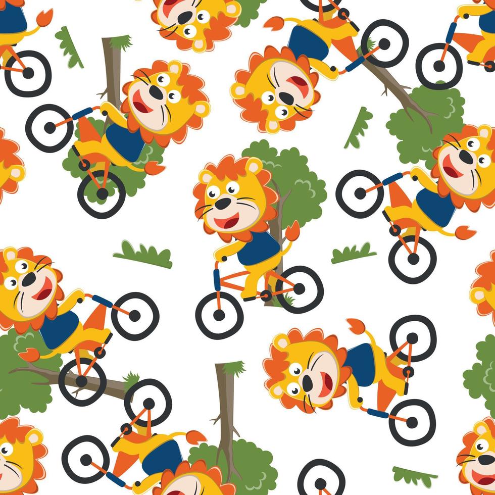 Seamless pattern of cute animal riding a yellow bicycle. Can be used for t-shirt print, kids wear fashion design, invitation card. fabric, textile, nursery wallpaper, poster and other decoration. vector