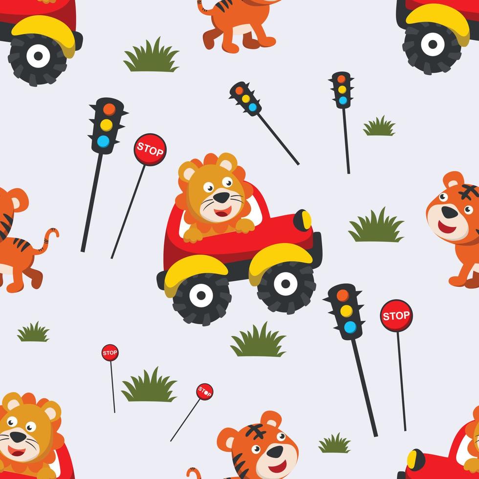 Seamless pattern of funny bear driving car in the road. Creative vector childish background for fabric, textile, nursery wallpaper, poster, card, brochure. and other decoration.