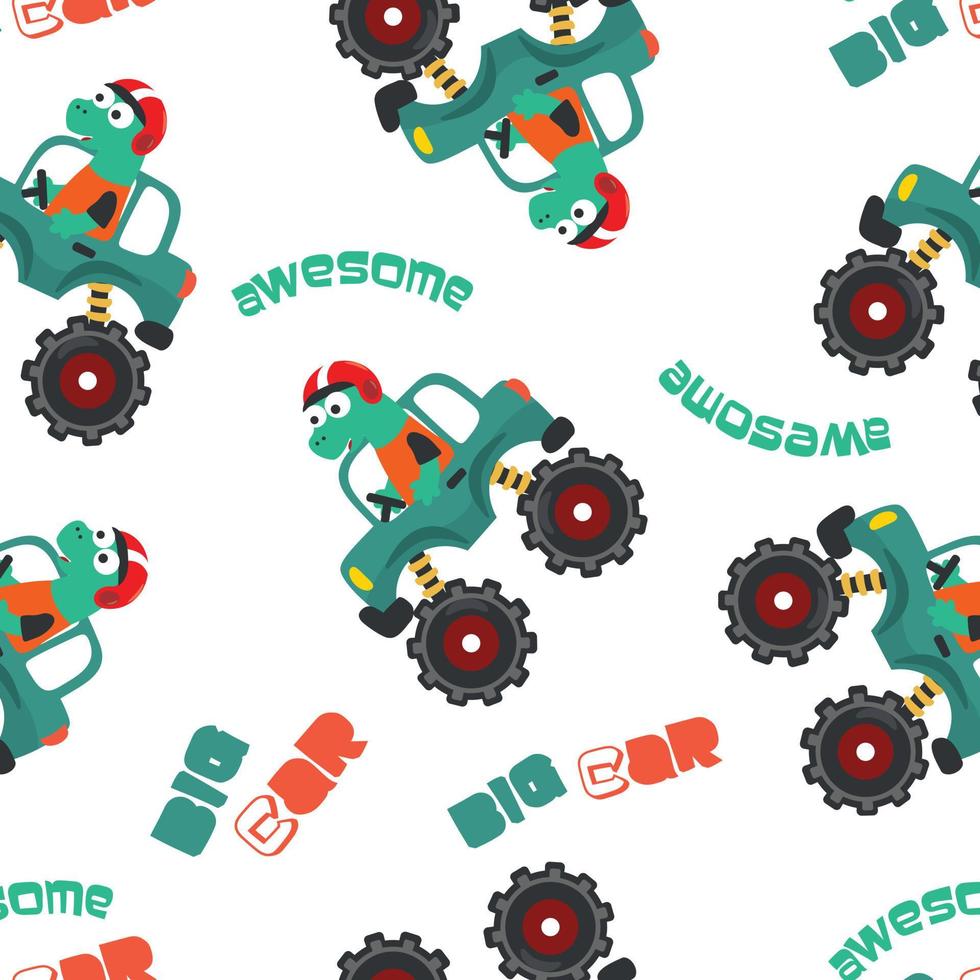 Seamless pattern of dinosaurs riding monster truck with cartoon style. Creative vector childish background for fabric textile, nursery background, baby clothes, wrapping paper and other decoration