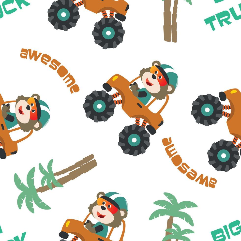 Seamless pattern vector of monster truck with cartoon style, Creative vector childish background for fabric textile, nursery background, baby clothes, poster, wrapping paper and other decoration.