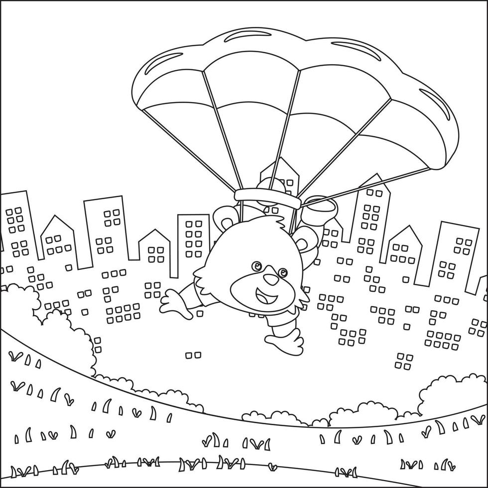 Vector cartoon illustration of skydiving with litlle fox with cartoon style Childish design for kids activity colouring book or page.