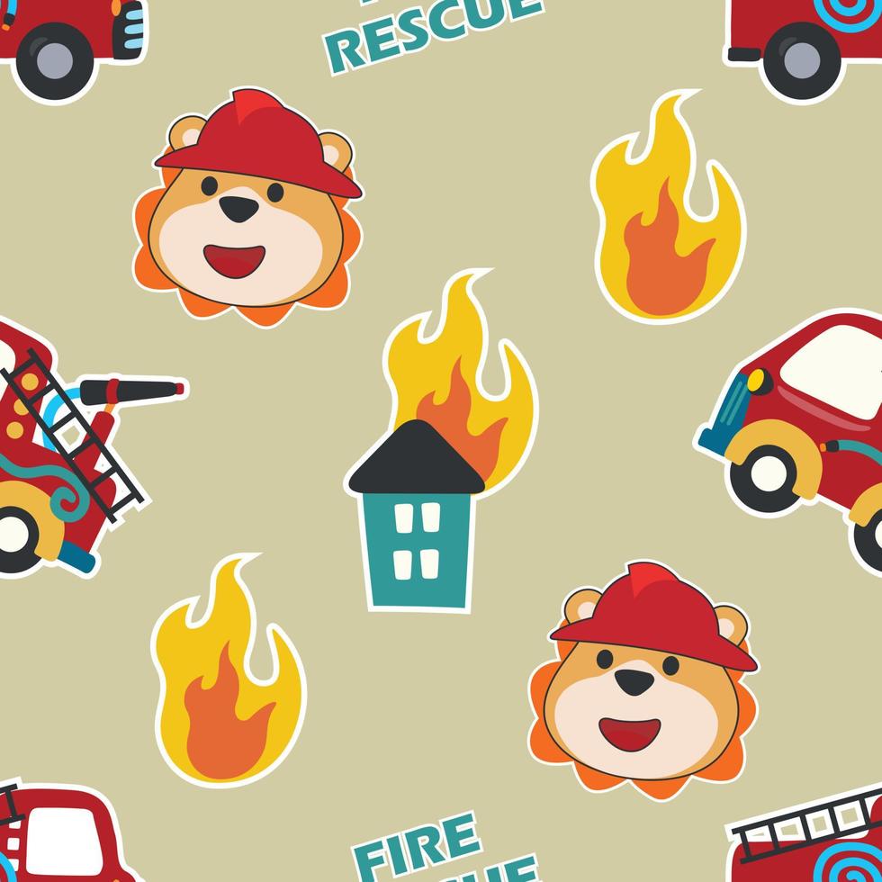 vector sin costura modelo con fuego rescate equipo con gracioso bombero dibujos animados. creativo vector infantil antecedentes para tela, textil, guardería fondo de pantalla, póster folleto vector ilustración antecedentes