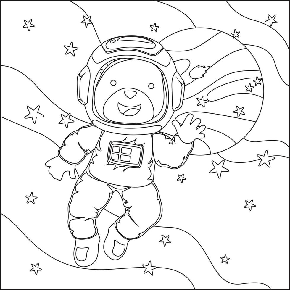 Vector children's coloring book. Cute animal astronaut flies in space. Around the star and planet. Children's coloring book