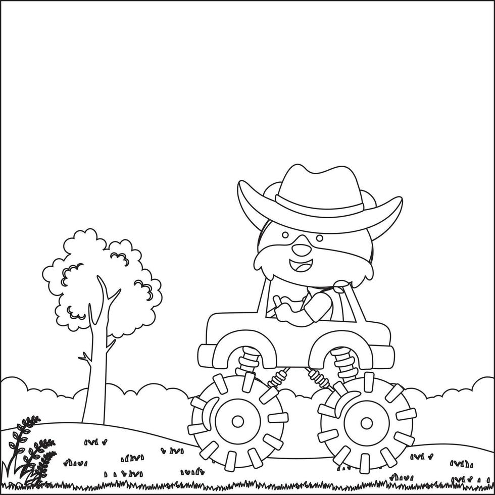 Vector illustration of monster truck with cute animal driver. Cartoon isolated vector illustration, Creative vector Childish design for kids activity colouring book or page.