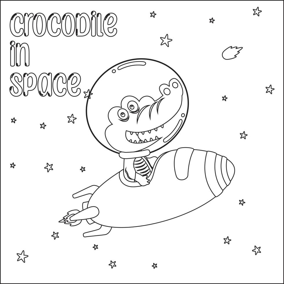 Vector illustration of Cute crocodile Astronaut Riding Rocket. Cartoon isolated vector illustration, Creative vector Childish design for kids activity colouring book or page.